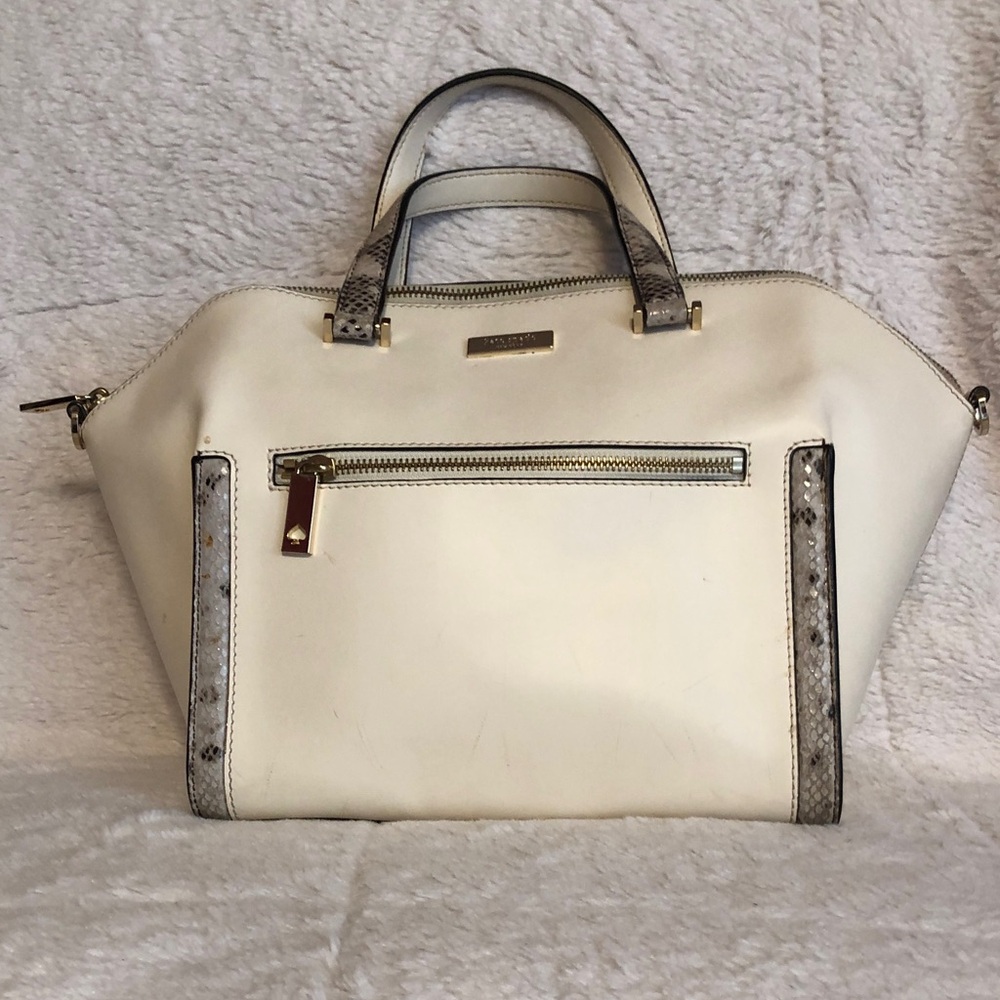 Kate Spade Parliament Square Savannah Cream Top-Handle Satchel with Snake-Trim